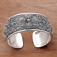 Sterling silver cuff bracelet, 'Temple Blooms' - Sterling Silver Floral Cuff Bracelet Hand Crafted in Bali