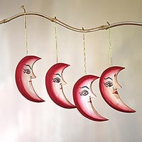 Wood ornaments Moonlight Face set of 4 Indonesia