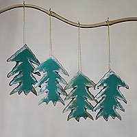 Wood ornaments, 'Holiday Evergreens' (set of 4) - Set of Four Painted Green Tree Ornaments from Bali