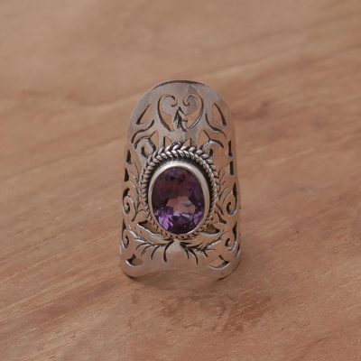 Gold chain with silver pendant - Amethyst and Sterling Silver Cocktail Ring from Bali