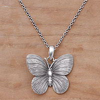 Sterling silver pendant necklace, 'Blessed Butterfly' - 925 Sterling Silver Butterfly Pendant Necklace from Bali