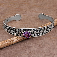 Amethyst cuff bracelet, 'Purple Stone Path' - Amethyst and Sterling Silver Cuff Bracelet from Bali