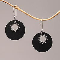 Sterling Silver and Lava Stone Circular Earrings from Bali,'Stellar Night'