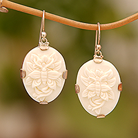 Bone dangle earrings, 'Twin Butterflies' - Sterling Silver and Bone Butterfly Earrings from Bali