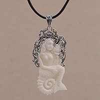 Blue topaz pendant necklace, 'Seahorse Mother' - Blue Topaz Bone and 925 Silver Mermaid Pendant Necklace