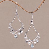 Blue topaz and cultured pearl dangle earrings,