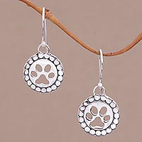 Sterling silver dangle earrings, 'Paw Circles' - Sterling Silver Paw Print Dangle Earrings from Bali
