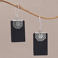 Lava stone dangle earrings, 'Bars of Midnight' - Rectangular Lava Stone and 925 Silver Earrings from Bali