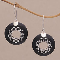 Lava stone dangle earrings, 'Wangi Rings' - Circular Lava Stone and Sterling Silver Earrings from Bali