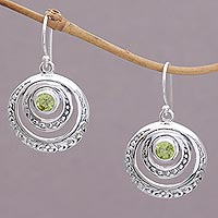 Peridot dangle earrings, 'Heavenly Gleam' - Peridot and Sterling Silver Crescent Earrings from Bali