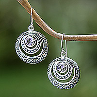 Amethyst dangle earrings, 'Heavenly Gleam' - Amethyst and Sterling Silver Crescent Earrings from Bali