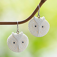 Bone dangle earrings, 'Owl Faces' - Handcrafted Bone Owl Head Dangle Earrings from Bali