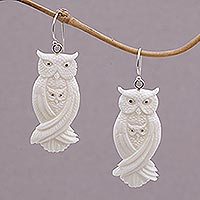 Bone dangle earrings, 'Owl Bond' - Handcrafted Bone Owl Family Dangle Earrings from Bali