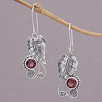 Garnet dangle earrings, 'Leaf Dew' - Garnet and Sterling Silver Leaf Dangle Earrings from Bali
