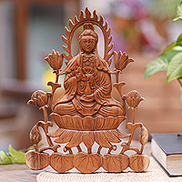 Wood relief panel, 'Kwan Im on Lotus' - Hand-Carved Buddhist Suar Wood Relief Panel from Bali