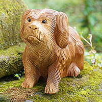 Wood sculpture, 'Havanese Dog' - Hand-Carved Suar Wood and Onyx Dog Sculpture from Bali