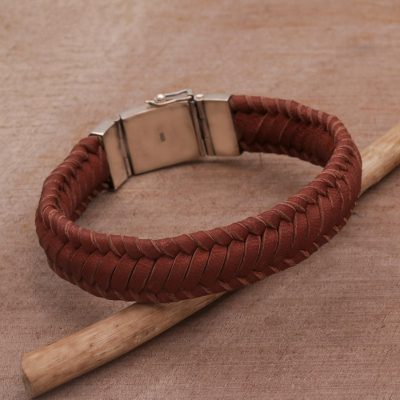 Leather wristband bracelet, Kintamani Weave in Brown