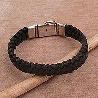 Leather wristband bracelet, 'Kintamani Braid in Black' - Black Leather Braided Wristband Bracelet from Bali