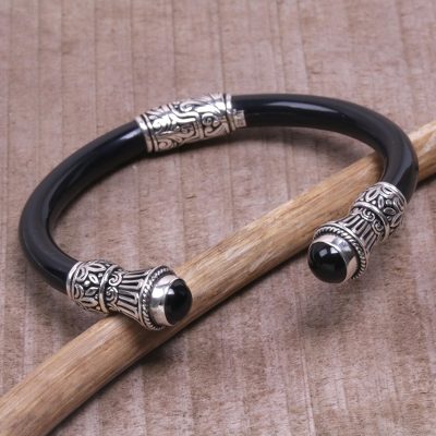 Onyx cuff bracelet, 'Fern Temple' - Onyx and Sterling Silver Cuff Bracelet from Bali