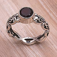 Garnet single stone ring, 'Temple Creeper' - Garnet and Sterling Silver Single Stone Ring from Bali
