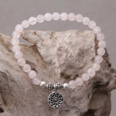 Rose quartz beaded stretch bracelet, Lotus View