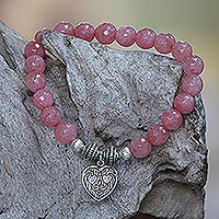 Agate beaded stretch bracelet, 'Sentimental Charm' - Pink Agate and Heart Charm Beaded Bracelet from Bali