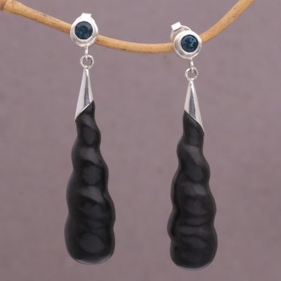 Wood and London blue topaz dangle earrings, Midnight Cocoon