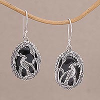 Onyx dangle earrings, 'Cockatoo Garden' - Onyx and Sterling Silver Cockatoo Dangle Earrings from Bali