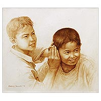 'Filter' (2015) - Original Oil Portrait of Two Mischievous Boys from Bali