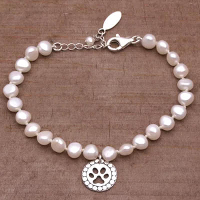 Cultured pearl charm bracelet, Paw Medallion
