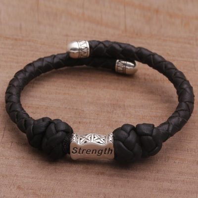 Sterling silver accent leather cuff bracelet, Bali Strength