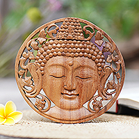 Wood relief panel, 'Berry Buddha' - Handcrafted Suar Wood Buddha Relief Panel from Bali