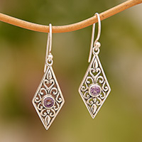 Amethyst dangle earrings, 'Diamond Vines' - Handmade Amethyst and Sterling Silver Dangle Earrings