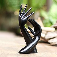 Wood jewelry display stand, 'Graceful Hands' - Artisan Made Sculptural Hands Balinese Wood Jewelry Holder