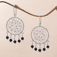 Onyx chandelier earrings, 'Hopeful Dreams' - Sterling Silver and Onyx Chandelier Earrings from Indonesia