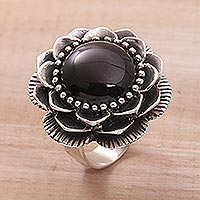 Onyx cocktail ring, 'Midnight Lotus' - Handmade Onyx and Sterling Silver Cocktail Ring