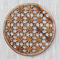 Wood relief panel, 'Floral Constellation' - Hand-Carved Suar Wood Star and Floral Relief Panel from Bali