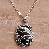 Onyx pendant necklace, 'Lemur Jungle' - Onyx and 925 Silver Lemur Pendant Necklace from Bali