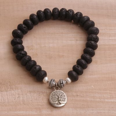 Sterling silver and lava stone beaded stretch bracelet, Sunrise Tree