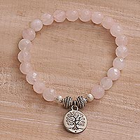 Rose quartz beaded stretch bracelet, 'Sunrise Tree' - Tree-Themed Rose Quartz Beaded Stretch Bracelet from Bali