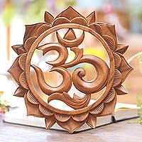 Wood relief panel, 'Sunflower Om' - Brown Suar Wood Floral Om Relief Panel from Bali