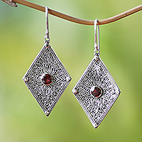 Garnet dangle earrings, 'Goddess Diamonds' - Garnet and 925 Silver Spiral Motif Dangle Earrings from Bali