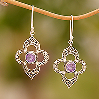 Amethyst dangle earrings, 'Aurora Petals' - Amethyst Petal Motif Dangle Earrings from Bali