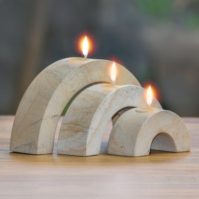 Sandstone tealight candle holders, Flaming Arches (set of 3)