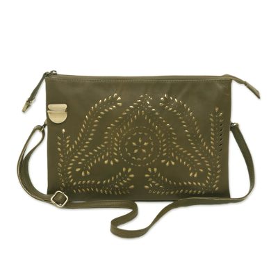 Leather shoulder bag, 'Shimmering Morning in Olive' - Adjustable Leather Shoulder Bag in Olive from Java