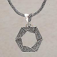 Sterling silver pendant necklace, 'Folded Songket' - Sterling Silver Hexagonal Pendant Necklace from Bali