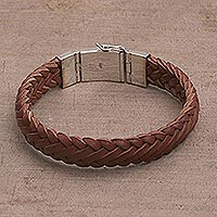 Leather wristband bracelet, 'Kintamani Braid in Brown' - Braided Leather Wristband Bracelet in Brown from Bali
