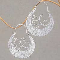 Sterling silver hoop earrings, 'Moonlight Dew' - Sterling Silver Swirling Hoop Earrings from Bali