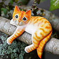 Wood sculpture, 'Orange Cat Relaxes' - Painted Wood Hanging Sculpture of an Orange Cat from Bali