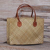 Leather accent pandan leaf tote,